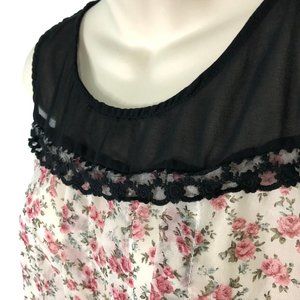 Pink Floral Black Lace Womens Romantic Sheer Top L
